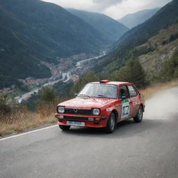 An intriguing image of a rally car from Andorra, showcasing its speed and agility as it traverses the mountainous roads of this small principality.