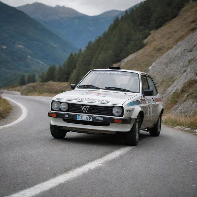 An intriguing image of a rally car from Andorra, showcasing its speed and agility as it traverses the mountainous roads of this small principality.