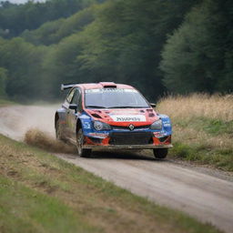 A compelling image of a Belgian rally car, capturing its precision and speed as it races through the winding tracks typical of the Belgian countryside.