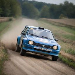 A compelling image of a Belgian rally car, capturing its precision and speed as it races through the winding tracks typical of the Belgian countryside.