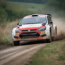 A compelling image of a Belgian rally car, capturing its precision and speed as it races through the winding tracks typical of the Belgian countryside.