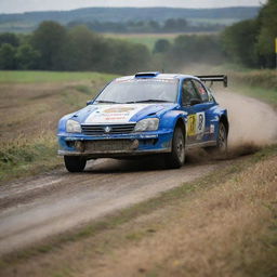 A compelling image of a Belgian rally car, capturing its precision and speed as it races through the winding tracks typical of the Belgian countryside.