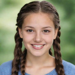 A detailed portrait of an ivory-skinned teenager with brown eyes, her long brown hair styled in braids, accentuated by charming dimples.