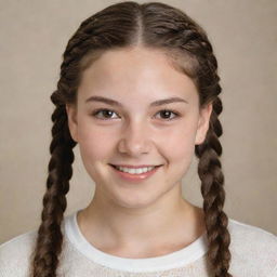 A detailed portrait of an ivory-skinned teenager with brown eyes, her long brown hair styled in braids, accentuated by charming dimples.