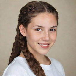 A detailed portrait of an ivory-skinned teenager with brown eyes, her long brown hair styled in braids, accentuated by charming dimples.