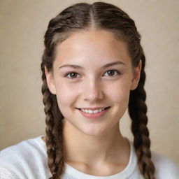 A detailed portrait of an ivory-skinned teenager with brown eyes, her long brown hair styled in braids, accentuated by charming dimples.