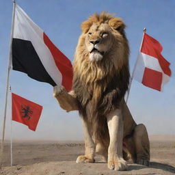 A majestic lion in human form, victoriously holding the Iraq flag, standing over a defeated Japanese samurai warrior.