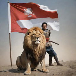 A majestic lion in human form, victoriously holding the Iraq flag, standing over a defeated Japanese samurai warrior.