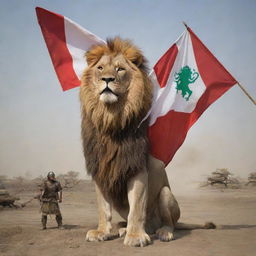 A majestic lion in human form, victoriously holding the Iraq flag, standing over a defeated Japanese samurai warrior.