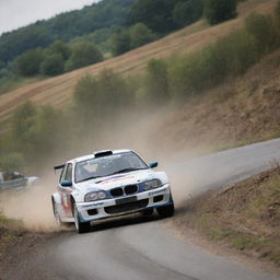 An engaging image of a Luxembourgish rally car, displaying its speed and maneuverability while racing on a challenging rally course, embodying Luxembourg's motorsport spirit.