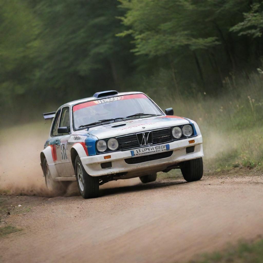 An engaging image of a Luxembourgish rally car, displaying its speed and maneuverability while racing on a challenging rally course, embodying Luxembourg's motorsport spirit.