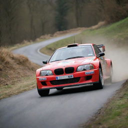 An engaging image of a Luxembourgish rally car, displaying its speed and maneuverability while racing on a challenging rally course, embodying Luxembourg's motorsport spirit.