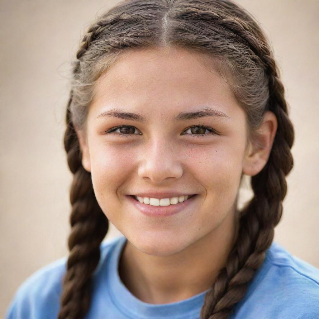 A detailed portrait of a sandy skinned teenager with brown eyes, her long brown hair styled in braids, accentuated by charming dimples.