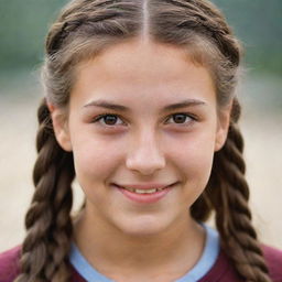 A detailed portrait of a sandy skinned teenager with brown eyes, her long brown hair styled in braids, accentuated by charming dimples.