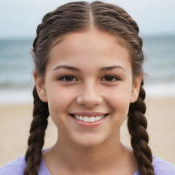 A detailed portrait of a sandy skinned teenager with brown eyes, her long brown hair styled in braids, accentuated by charming dimples.