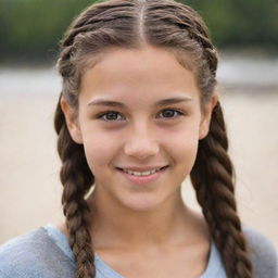 A detailed portrait of a sandy skinned teenager with brown eyes, her long brown hair styled in braids, accentuated by charming dimples.