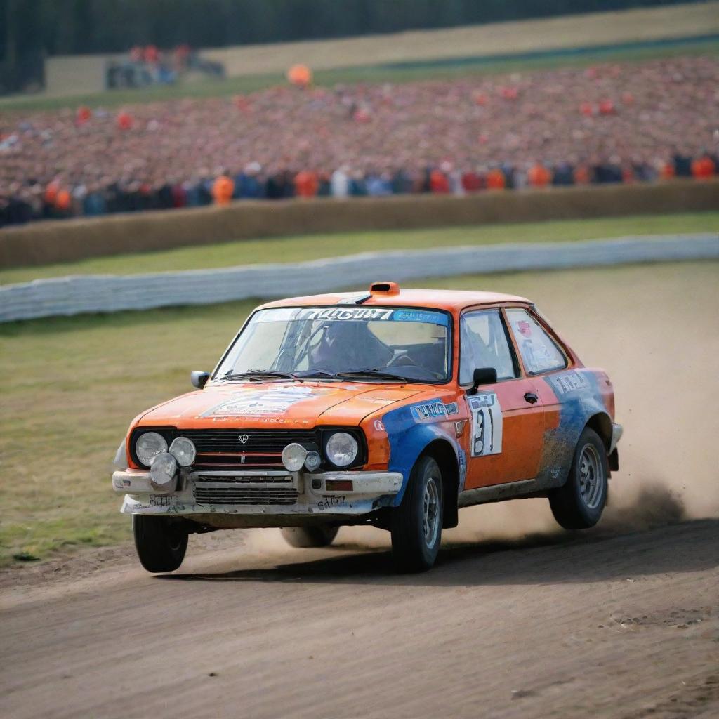 A vibrant image of a Dutch rally car, exemplifying its speed and control as it keenly races across a flat, competitive track representative of the Netherlands.