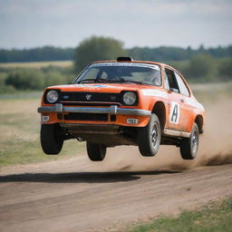 A vibrant image of a Dutch rally car, exemplifying its speed and control as it keenly races across a flat, competitive track representative of the Netherlands.