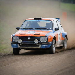 A vibrant image of a Dutch rally car, exemplifying its speed and control as it keenly races across a flat, competitive track representative of the Netherlands.