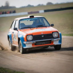 A vibrant image of a Dutch rally car, exemplifying its speed and control as it keenly races across a flat, competitive track representative of the Netherlands.