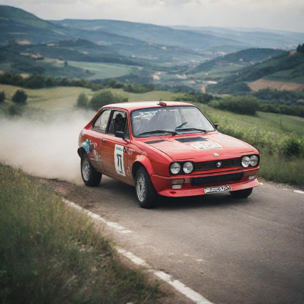 A passionate image of an Italian rally car, showcasing its power and style as it speeds through a picturesque Italian landscape, capturing the spirit of Italian motorsport.