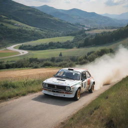 A passionate image of an Italian rally car, showcasing its power and style as it speeds through a picturesque Italian landscape, capturing the spirit of Italian motorsport.