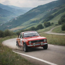 A passionate image of an Italian rally car, showcasing its power and style as it speeds through a picturesque Italian landscape, capturing the spirit of Italian motorsport.