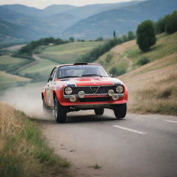 A passionate image of an Italian rally car, showcasing its power and style as it speeds through a picturesque Italian landscape, capturing the spirit of Italian motorsport.