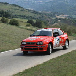 An exciting image of a San Marinese rally car, highlighting its speed and agility as it masterfully navigates a twisting course in the scenic hills of San Marino.