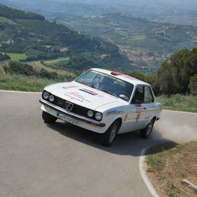 An exciting image of a San Marinese rally car, highlighting its speed and agility as it masterfully navigates a twisting course in the scenic hills of San Marino.