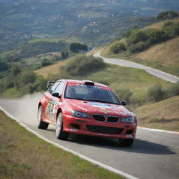 An exciting image of a San Marinese rally car, highlighting its speed and agility as it masterfully navigates a twisting course in the scenic hills of San Marino.