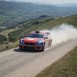 An exciting image of a San Marinese rally car, highlighting its speed and agility as it masterfully navigates a twisting course in the scenic hills of San Marino.