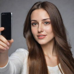 Generate a hyper-realistic image of a Caucasian female with long hair and dark brown eyes taking a selfie with her phone camera.