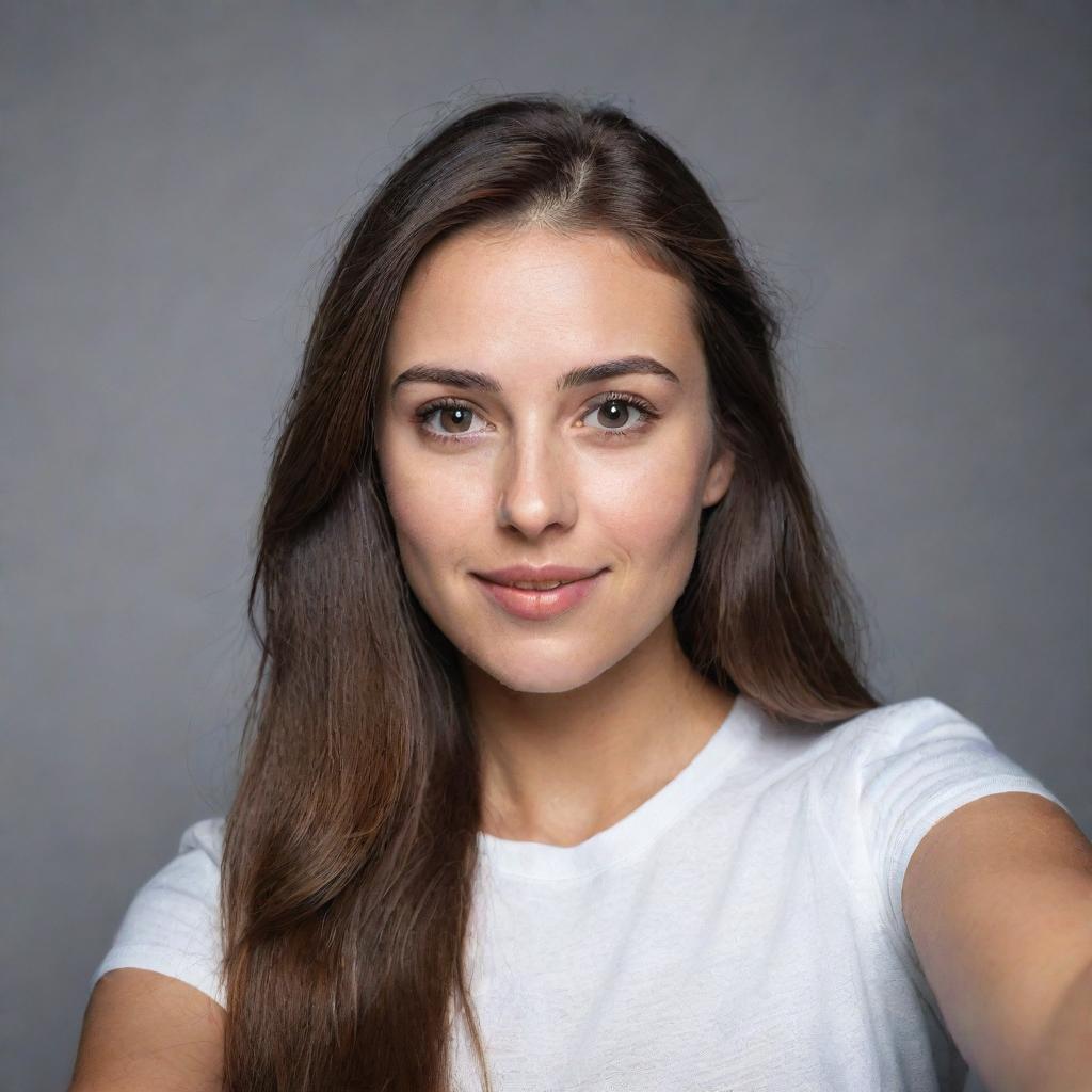 Generate a hyper-realistic image of a Caucasian female with long hair and dark brown eyes taking a selfie with her phone camera.