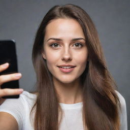 Generate a hyper-realistic image of a Caucasian female with long hair and dark brown eyes taking a selfie with her phone camera.