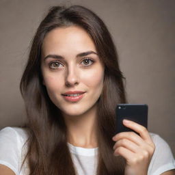 Generate a hyper-realistic image of a Caucasian female with long hair and dark brown eyes taking a selfie with her phone camera.