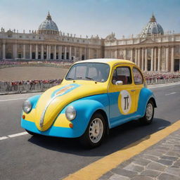 A whimsical image of a hypothetical rally car from Vatican City, designed with the iconic Papal colors, boldly venturing beyond the city walls onto a racetrack.