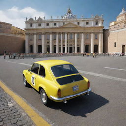 A whimsical image of a hypothetical rally car from Vatican City, designed with the iconic Papal colors, boldly venturing beyond the city walls onto a racetrack.