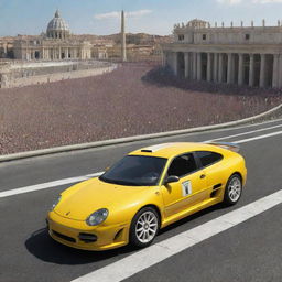 A whimsical image of a hypothetical rally car from Vatican City, designed with the iconic Papal colors, boldly venturing beyond the city walls onto a racetrack.