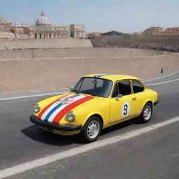 A whimsical image of a hypothetical rally car from Vatican City, designed with the iconic Papal colors, boldly venturing beyond the city walls onto a racetrack.