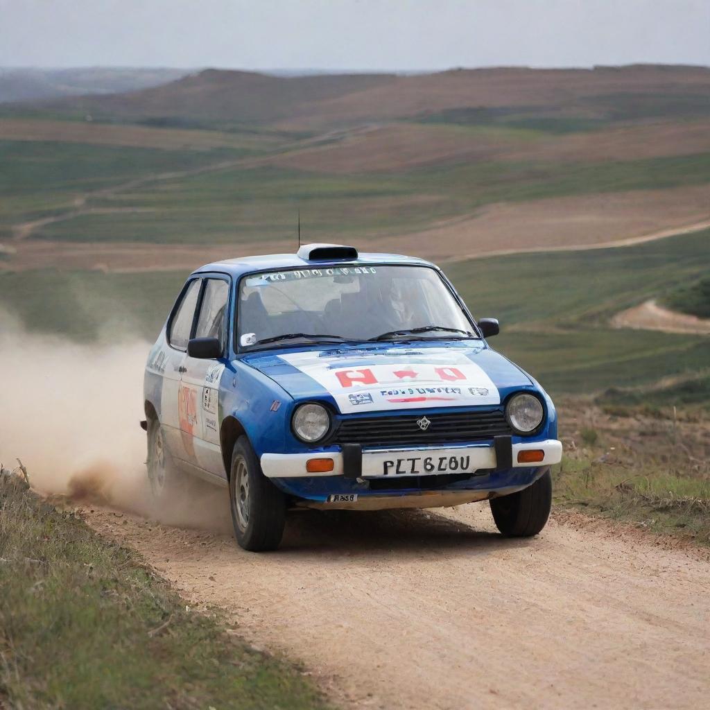 A spirited image of a Maltese rally car, skillfully navigating a challenging racecourse, with the beautiful Maltese rural landscape as the backdrop.