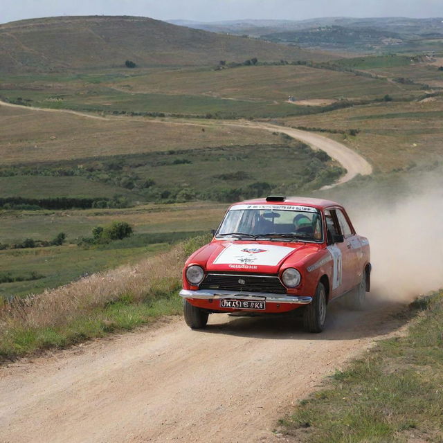 A spirited image of a Maltese rally car, skillfully navigating a challenging racecourse, with the beautiful Maltese rural landscape as the backdrop.