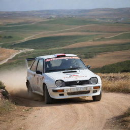 A spirited image of a Maltese rally car, skillfully navigating a challenging racecourse, with the beautiful Maltese rural landscape as the backdrop.