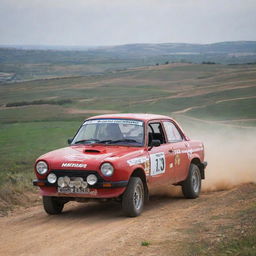 A spirited image of a Maltese rally car, skillfully navigating a challenging racecourse, with the beautiful Maltese rural landscape as the backdrop.