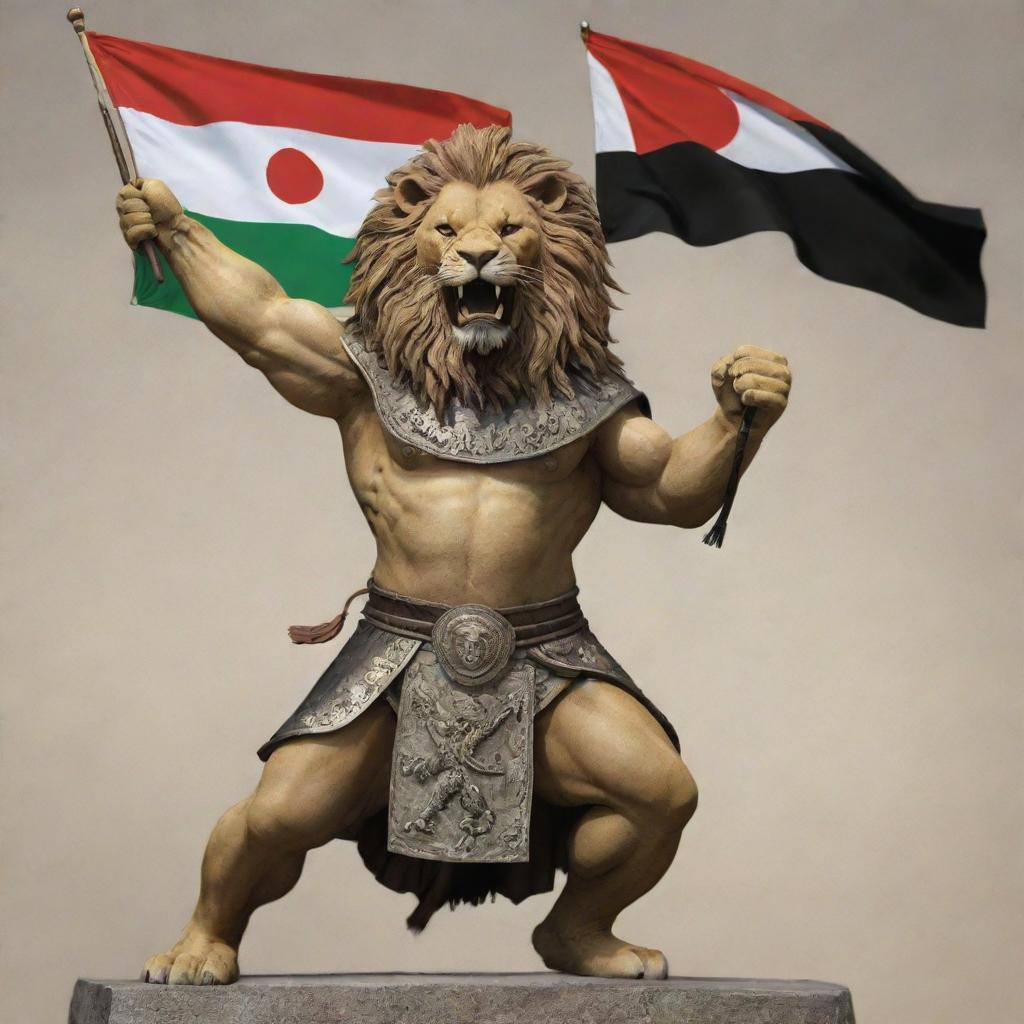 A majestic anthropomorphic lion holding the Iraq flag, triumphing over a Japanese samurai.