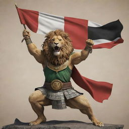 A majestic anthropomorphic lion holding the Iraq flag, triumphing over a Japanese samurai.