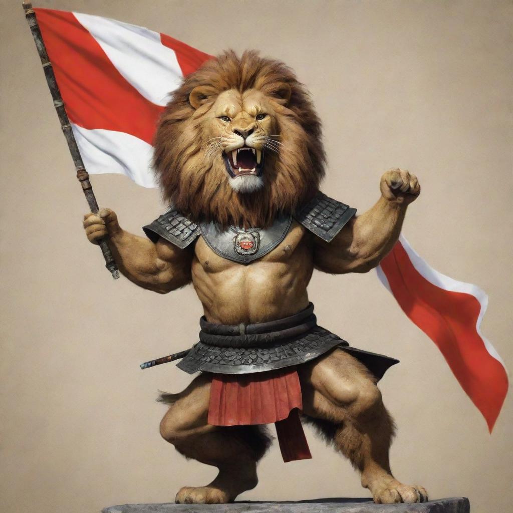 A majestic anthropomorphic lion holding the Iraq flag, triumphing over a Japanese samurai.