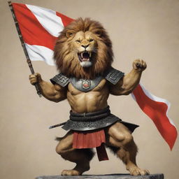 A majestic anthropomorphic lion holding the Iraq flag, triumphing over a Japanese samurai.