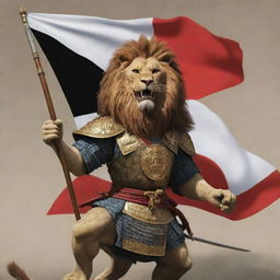 A majestic anthropomorphic lion holding the Iraq flag, triumphing over a Japanese samurai.