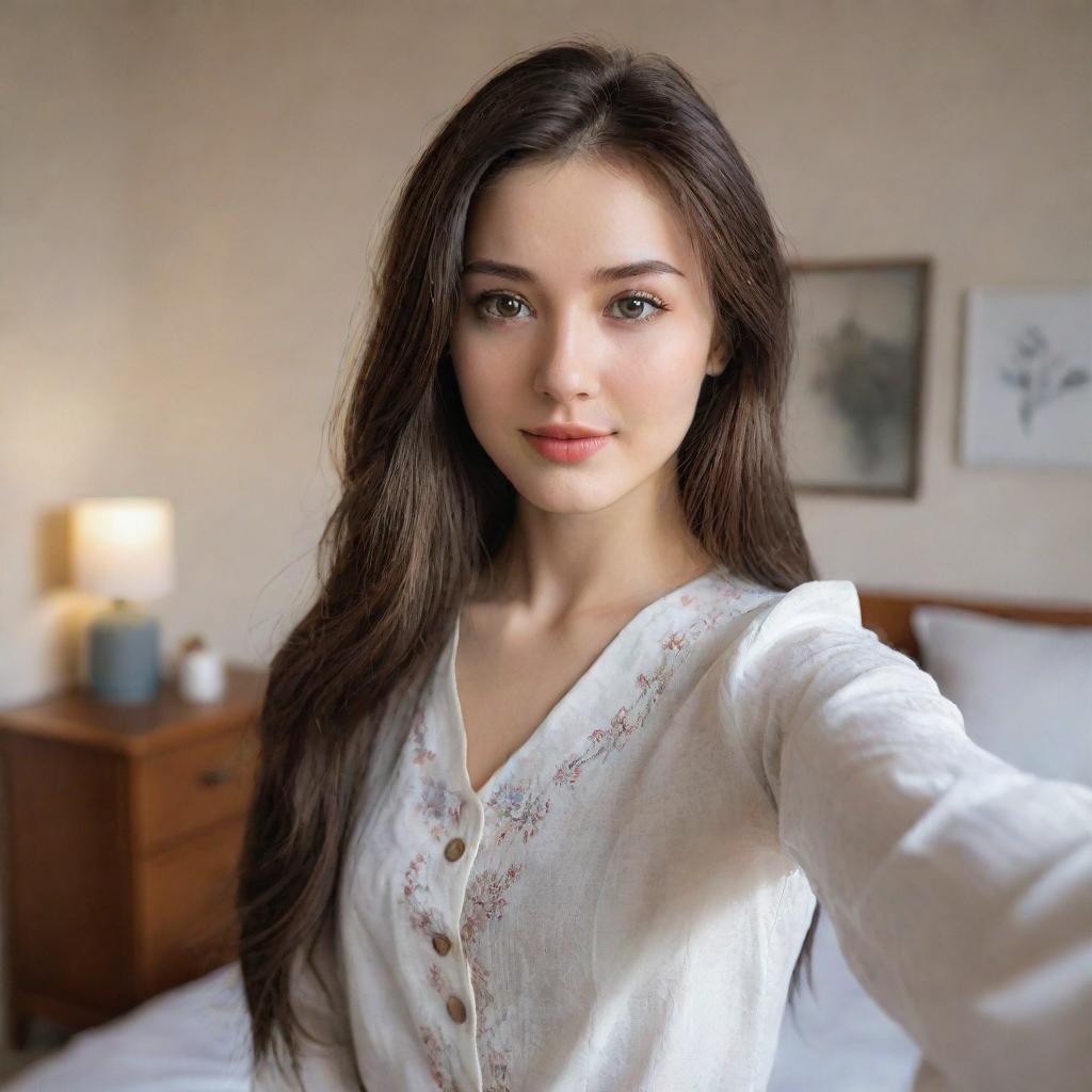 Create a detailed, realistic image of a Caucasian girl with long hair and dark brown eyes, taking a selfie in a bedroom setting, dressed in a Korean-style outfit.